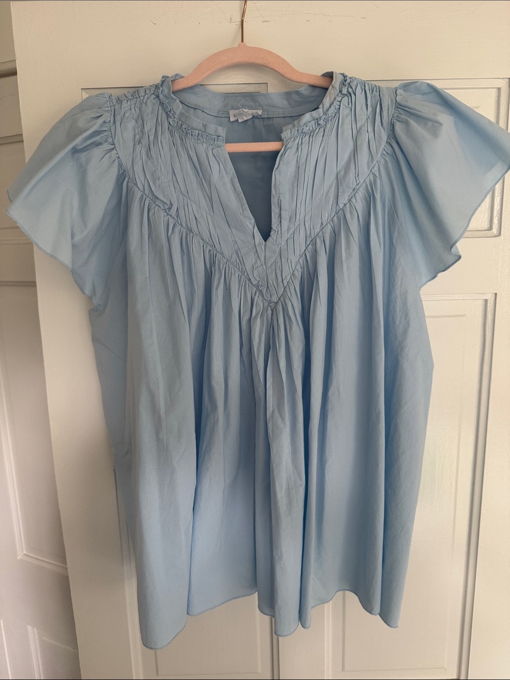 Light Blue Smocked V-Neck Flutter Sleeve Top Brand New-Never Worn